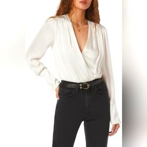 Favorite Daughter Surplice Long Sleeve Satin Bodysuit.